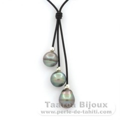 Leder Halsband und 3 Circlese TahitiPerlen B/C von 12 bis 11.5 mm