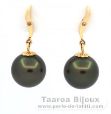 18K Gold Ohrringe + 2 diamanten und 2 Runde TahitiPerlen B 10.2 mm