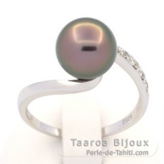 Rhodiniertem 925er Sterling Silber Ring und 1 Fast Rund TahitiPerle B 8.9 mm
