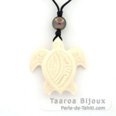 Halskette aus Baumwolle, Anhänger aus Knochen und 1 Runde TahitiPerle B/C 9.1 mm