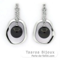 Sterling Silber Ohrringe und 1 Rund & 1 Fast Rund TahitiPerlen C 9.6 und 9.7 mm