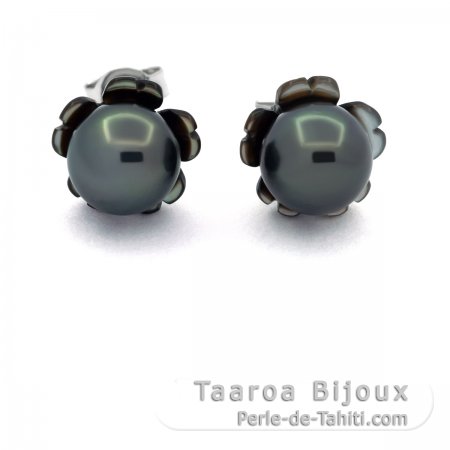Sterling Silber Ohrringe und 2 Fast Runde TahitiPerlen C 7.7 mm
