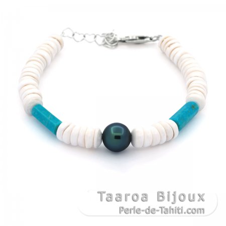 Armband aus Muscheln, Trkis und 1 Runde TahitiPerle C 8.7 mm