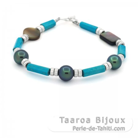 Armband aus Silber, Trkis, Perlmutt und 3 runden Tahiti Perlen D 8.3 mm