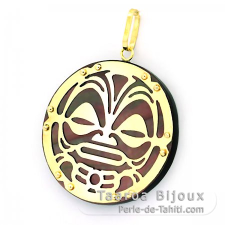 18K Gold Anhänger und TahitiPerlmutt - Durchmesser = 27 mm - Mana Tiki