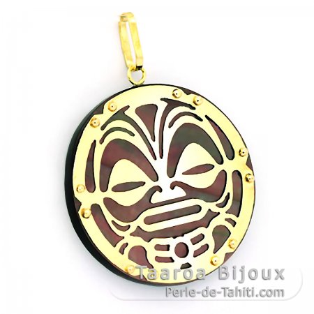18K Gold Anhänger und TahitiPerlmutt - Durchmesser = 27 mm - Mana Tiki