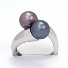 Rhodiniertem 925er Sterling Silber Ring und 2 Runde TahitiPerlen C+ 8.5 und 8.6 mm