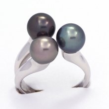 Rhodiniertem 925er Sterling Silber Ring und 3 Runde TahitiPerlen C von 8 bis 8.1 mm