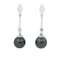 Rhodiated Sterling Silver Earrings and 2 Tahitian Pearls 1 Round & 1 Near-Round C 7.9 mm