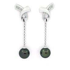 Rhodiated Sterling Silver Earrings and 2 Tahitian Pearls Round C 7.8 mm