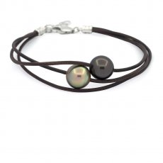 Leder Armband und 2 Semi Barock TahitiPerlen C von 11.6 bis 11.8 mm