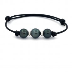 Leder Armband und 3 Runde TahitiPerlen D von 9.3 bis 9.9 mm