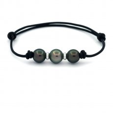 Leder Armband und 3 Runde TahitiPerlen D von 9 bis 9.4 mm