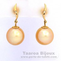 18K Gold Ohrringe + 2 diamanten aus 0.01 Karat HS1 und 2 Fast Runde AustralienPerlen B 11 mm