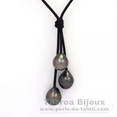 Leder Halsband und 3 Semi Barocke TahitiPerlen B  10 bis 10.2 mm