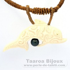 Geflochtene Kokosnussfaser Halsband und 1 Rund TahitiPerle C 8.3 mm