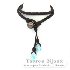 Leder Armband, 2 Larimar und 1 Rund TahitiPerle C 9.7 mm