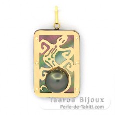 18K Gold Anhnger, Perlmutt und 1 Halb TahitiPerle - Dimensionen = 28 x 19 mm - Gecko