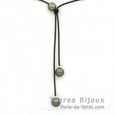 Leder Halsband und 3 Rund TahitiPerlen C 9.5 bis 9.8 mm